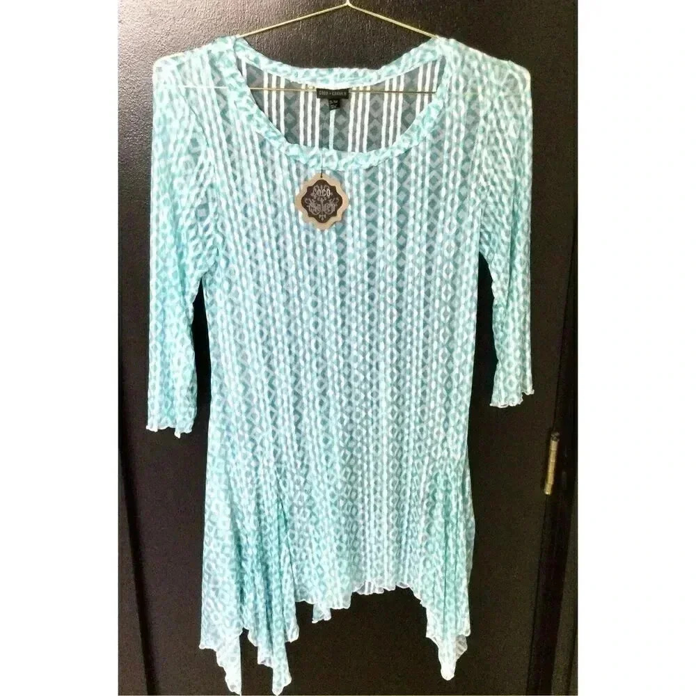NWT Coco+Carmen Womes Blue White Geometric Sheer Handkerchief Mini Dress swim co